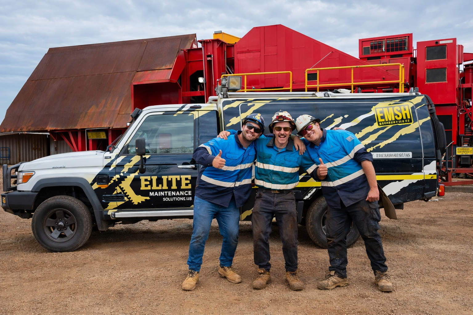 Elite Maintenance Solutions crew in front of branded service vehicle on a Western Australian mine site