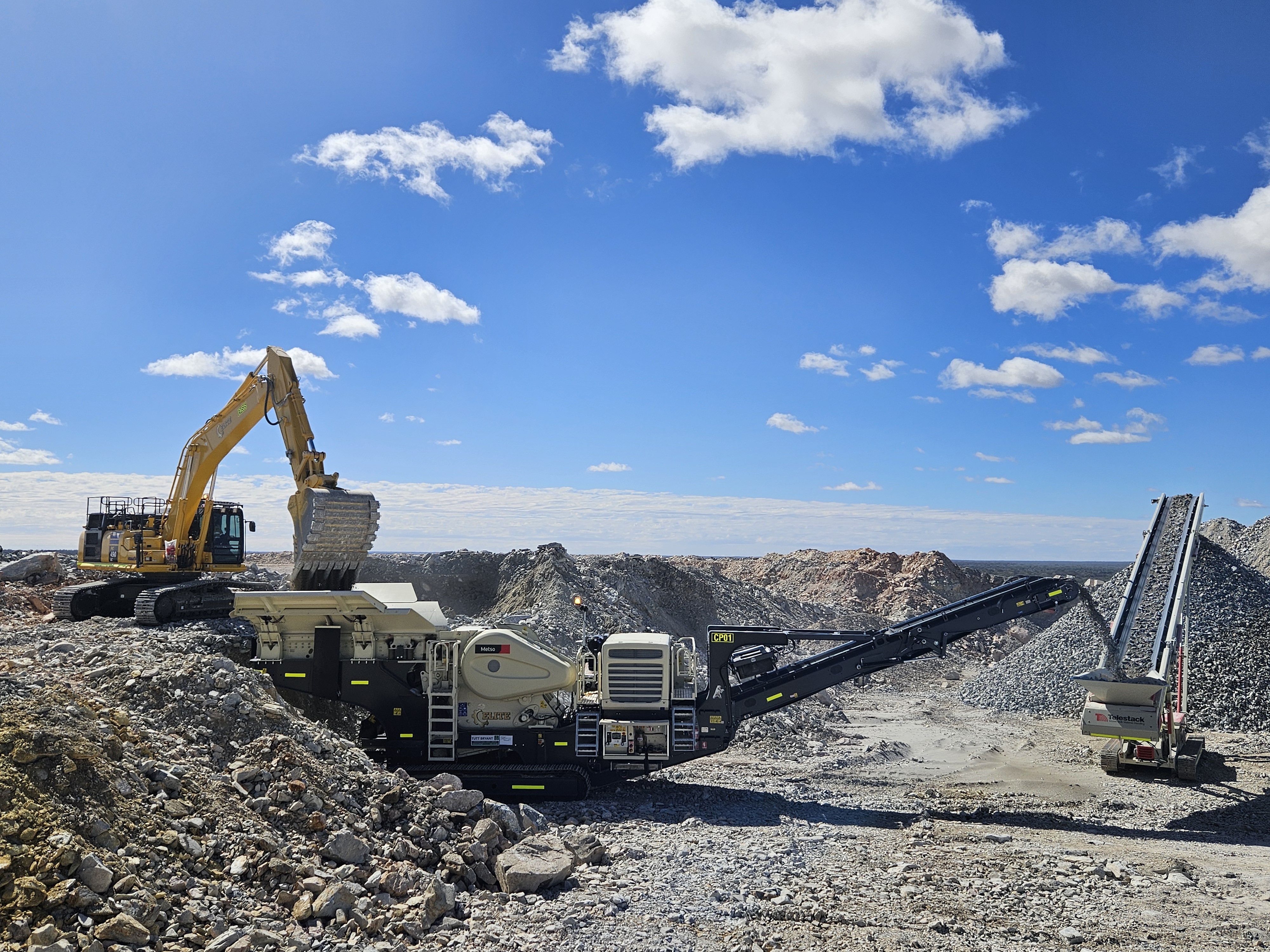 Metso LT120 mobile jaw crusher hire WA, fed by an excavator on site